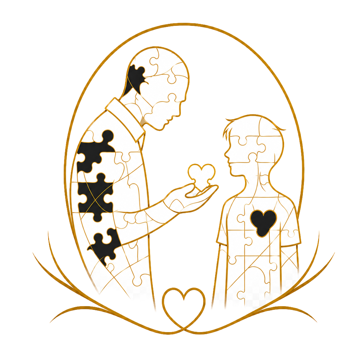 Overcomers Society emblem depicting a mentor offering a heart-shaped puzzle piece to a child, symbolizing restoration, dignity, growth, and stewardship.